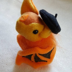 Painted Bat Plushie Kerivoula picta black and orange plush bat with removable beret hat image 6