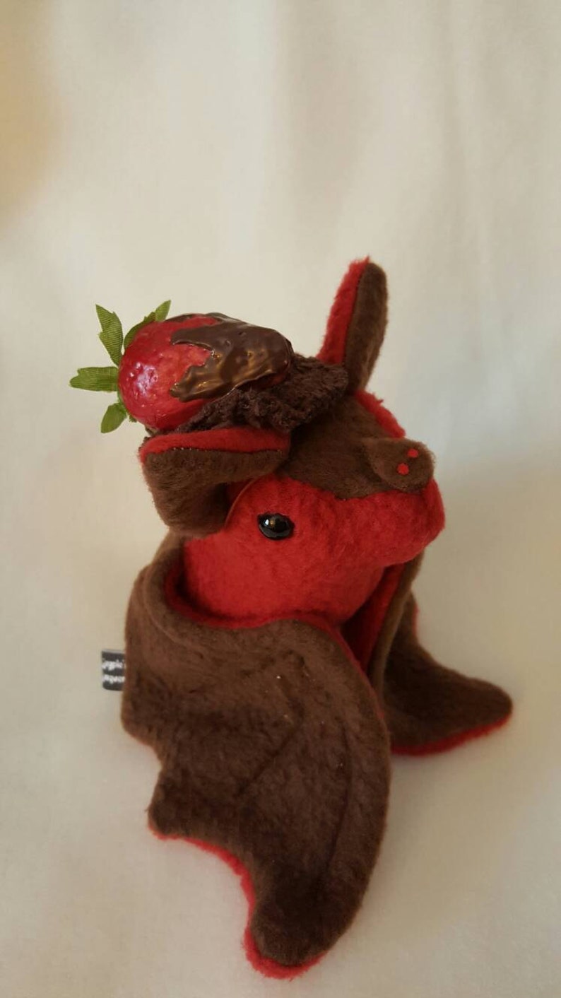 Chocolate Covered Strawberry Bat with Strawberry Hat Kawaii, plush, plushie, bat plush, strawberry image 3