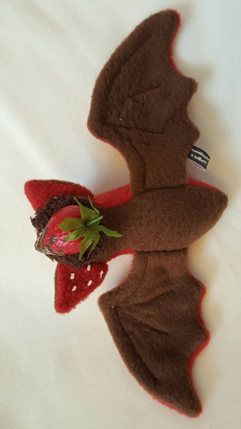 Chocolate Covered Strawberry Bat with Strawberry Hat Kawaii, plush, plushie, bat plush, strawberry image 2