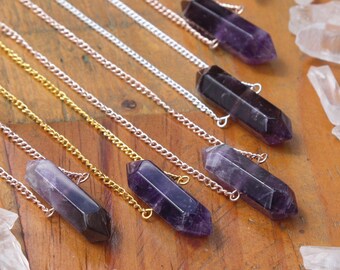 Amethyst Rose Gold Silver Crystal Point Necklace - Double Terminated Crystals Natural Clear Cloudy Smooth Raw Purple Layering Gemstone Chain