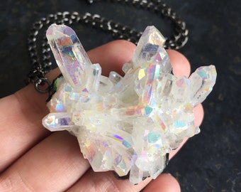 Midnight Angel Aura Pastel Cluster Crystal Necklace -  Quartz Rainbow Druzy Natural Raw Rough Dipped Black Gunmetal Rainbow Chunky Necklaces