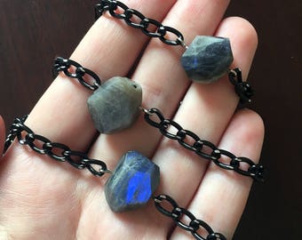 Labradorite Black Crystal Choker - Blue Green Grey Crystals Faceted Stone Statement Mineral Druzy Gemstone Necklace Raw Bohemian Chain