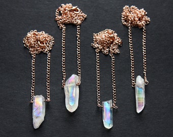 Rose Gold Angel Aura Quartz Crystal Necklace - Raw White Pastel Rainbow Small Short Point Layering Natural Rough Gemstone Plated Chain