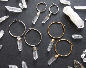 Silver Stainless Steel Statement Point with White Clear Natural Gemstone Points Gold Dipped Amethyst Crystal Hoop Earrings