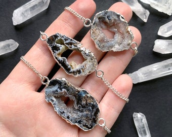 Silver Coated Agate Slice Necklace - Raw Natural Dipped Druzy Gemstone, Crystal Pendant with Sterling Silver Plated Chain