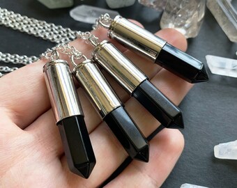 Natural Black Agate Crystal Bullet Necklace - Raw Stone Point Drop Bullet Case with Gold / Silver Plated Chain Fittings