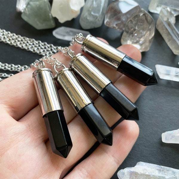 Natural Black Agate Crystal Bullet Necklace - Raw Stone Point Drop Bullet Case with Gold / Silver Plated Chain Fittings