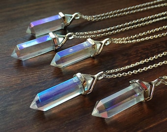 Angel Aura Quartz Pendulum Crystal Necklace - Silver Gold Polished Crystals Gemstones Minerals Healing Chakra Point Points Sterling Plated