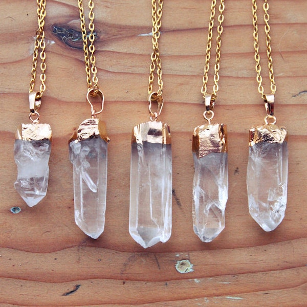 Gold Dipped Raw Quartz Crystal Point Necklace - Rough Clear Spike with Plated Chain, Natural Genuine Crystals Layering Druzy Pendant