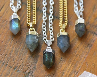 Dainty Labradorite Gold / Silver Dipped Point Necklace - Natural Blue Green Genuine Crystal Crystals Mineral Points Raw Smooth Plated Chain