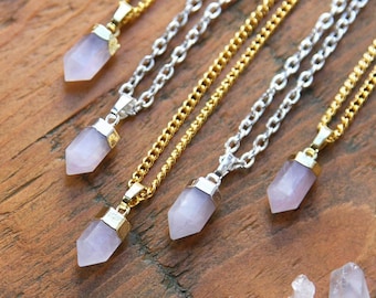 Dainty Rose Quartz Gold / Silver Dipped Point Necklace - Natural Pink White Genuine Crystal Crystals Points Raw Smooth Plated Chain Layering