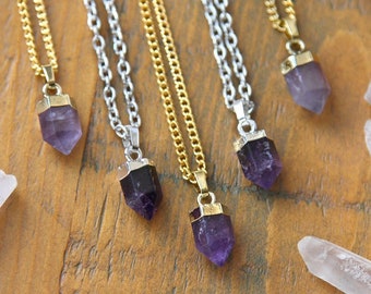 Dainty Amethyst Gold / Silver Dipped Point Necklace - Natural Purple Genuine Crystal Crystals Points Raw Smooth Plated Chain Layering