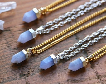 Dainty Blue Lace Agate Gold / Silver Dipped Point Necklace - Natural White Genuine Crystal Crystals Mineral Points Raw Smooth Plated Chain