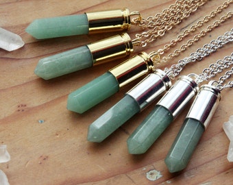 Green Aventurine Bullet Necklace - Gold Silver Shell Plated Chain Natural Point Spike Pendant Case Quartz Mineral Crystal Gemstone Stone