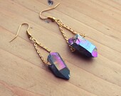 Rough Rainbow Aura Quartz Point Crystal Earrings - 24K Gold Plated 925 Silver Dangle Drop Natural Gemstone Raw Points Crystals Titanium