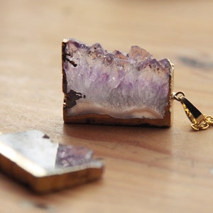 Druzy Gold Amethyst Slice Crystal Necklace Natural Raw Chunky Stone Gemstone Semi Precious Purple Pendant Gold Plated Dipped Coated Piece image 1