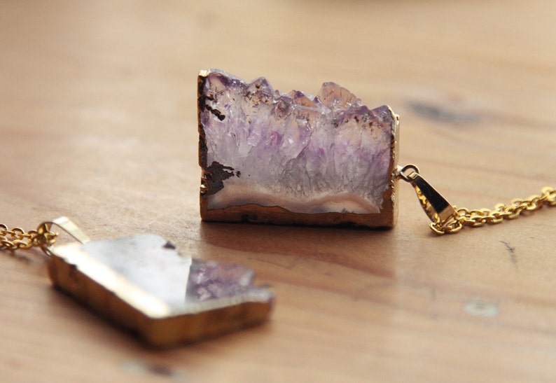 Druzy Gold Amethyst Slice Crystal Necklace Natural Raw Chunky Stone Gemstone Semi Precious Purple Pendant Gold Plated Dipped Coated Piece image 1