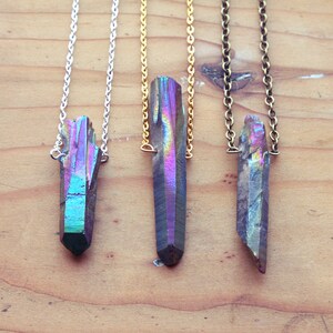 Raw Aura Quartz Rainbow Crystal Point Layering Necklace Rough Crystals Natural Titanium Spike Gemstone Gold Silver Vintage Brass Chain. image 1