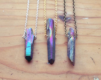 Raw Aura Quartz Rainbow Crystal Point Layering Necklace - Rough Crystals Natural Titanium Spike Gemstone Gold Silver Vintage Brass Chain.