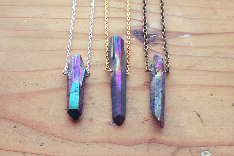 Raw Aura Quartz Rainbow Crystal Point Layering Necklace Rough Crystals Natural Titanium Spike Gemstone Gold Silver Vintage Brass Chain. image 1