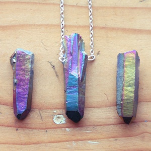 Raw Aura Quartz Rainbow Crystal Point Layering Necklace Rough Crystals Natural Titanium Spike Gemstone Gold Silver Vintage Brass Chain. image 4