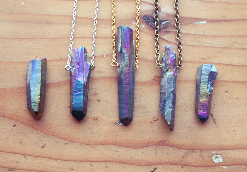 Raw Aura Quartz Rainbow Crystal Point Layering Necklace Rough Crystals Natural Titanium Spike Gemstone Gold Silver Vintage Brass Chain. image 2