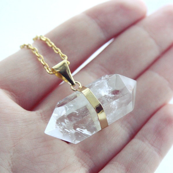 Grote gouden geringde kwartskristal dubbele punt ketting - Spike ruwe natuurlijke Gemstone wijst duidelijk Smooth hanger genezing handgemaakte bewolkt