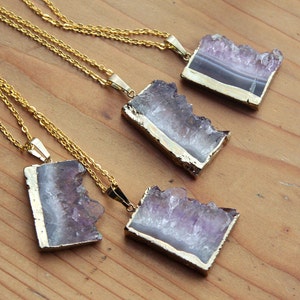 Druzy Gold Amethyst Slice Crystal Necklace Natural Raw Chunky Stone Gemstone Semi Precious Purple Pendant Gold Plated Dipped Coated Piece image 4