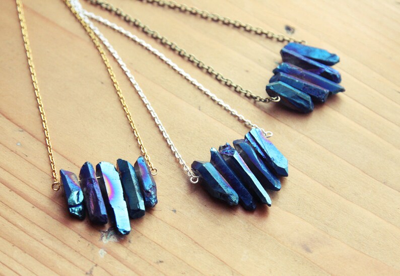 Electric Blue Raw Aura Quartz Spike Necklace Rainbow Rough Etsy