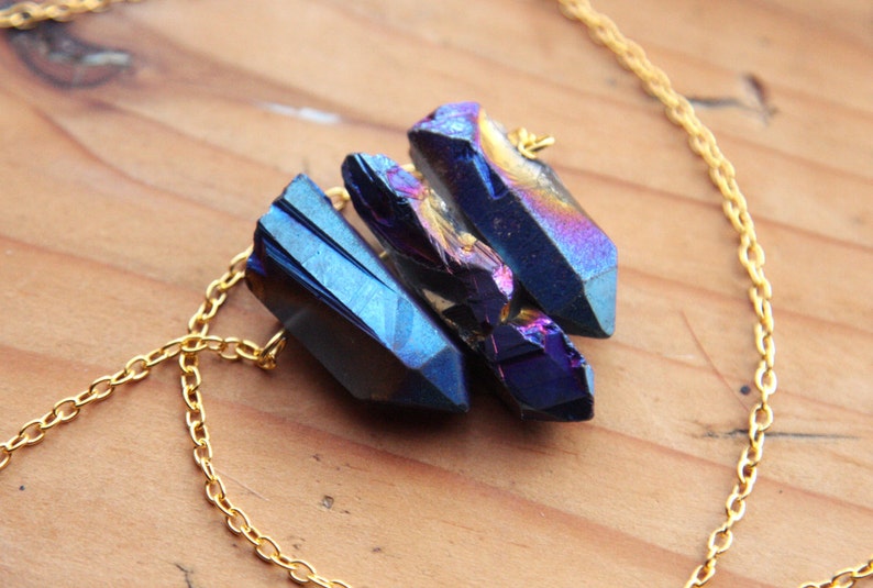 Electric Blue Raw Aura Quartz Spike Necklace Rainbow Rough Etsy