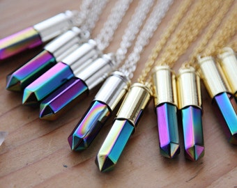 Polished Rainbow Aura Quartz Bullet Necklace - Gold Silver Genuine Crystal Shell Raw Rough Point Natural Titanium Crystals Druzy Pink