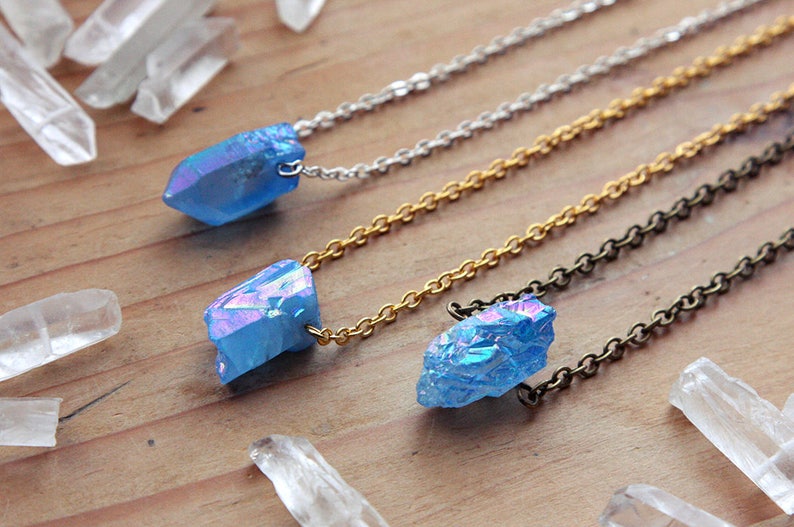 Small Blue Aura Quartz Crystal Point Necklace Raw Rough Natural Angel Aurora Gold Silver Brass Titanium Spike Druzy Points Crystals