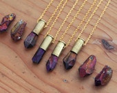Purple Aura Quartz 9mm Bullet Necklace - Rough Raw Natural Titanium Point Crystal Gem Case Pistol Shell Spike Pendant Gold Plated Chain