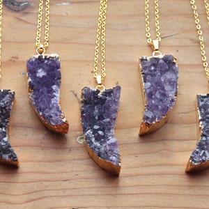 Amethyst Claw Druzy Gold Crystal Necklace - Natural Raw Chunky Stone Gemstone Gem Semi Precious Purple Pendant Gold Plated Dipped Coated