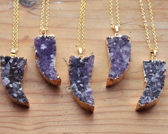 Amethyst Claw Druzy Gold Crystal Necklace - Natural Raw Chunky Stone Gemstone Gem Semi Precious Purple Pendant Gold Plated Dipped Coated