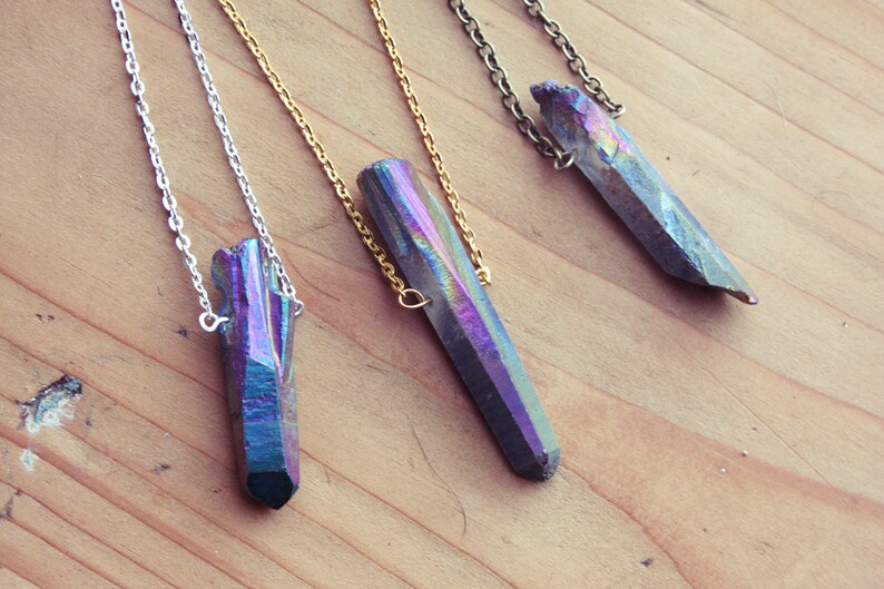 Raw Aura Quartz Rainbow Crystal Point Layering Necklace Rough Crystals Natural Titanium Spike Gemstone Gold Silver Vintage Brass Chain. image 3