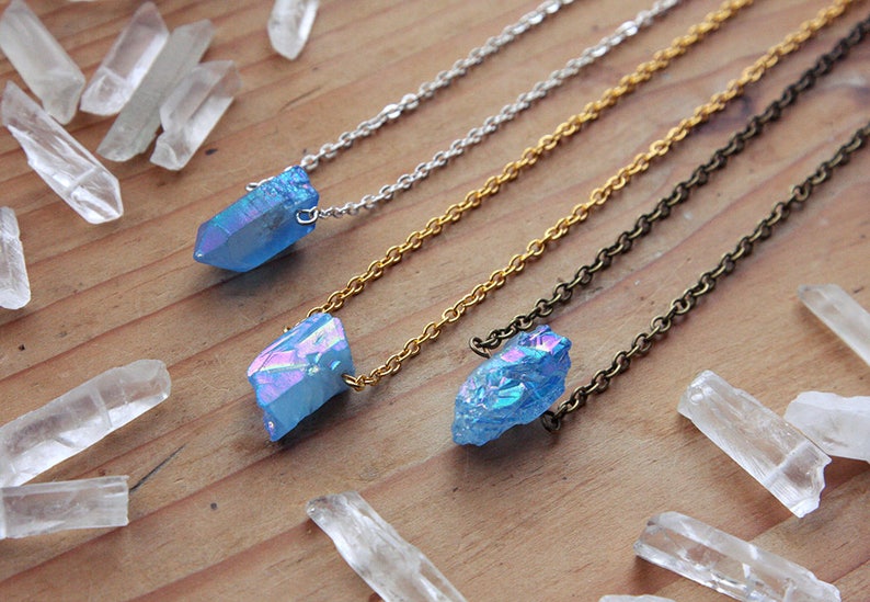 Small Blue Aura Quartz Crystal Point Necklace Raw Rough Natural Angel Aurora Gold Silver Brass Titanium Spike Druzy Points Crystals