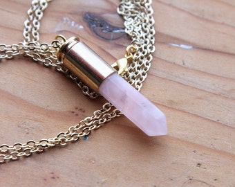 Rose Quartz Bullet Point Crystal Necklace - Gold Casing and Plated Chain, Pink Genuine Raw Crystals Natural Crystal Drop Point Points