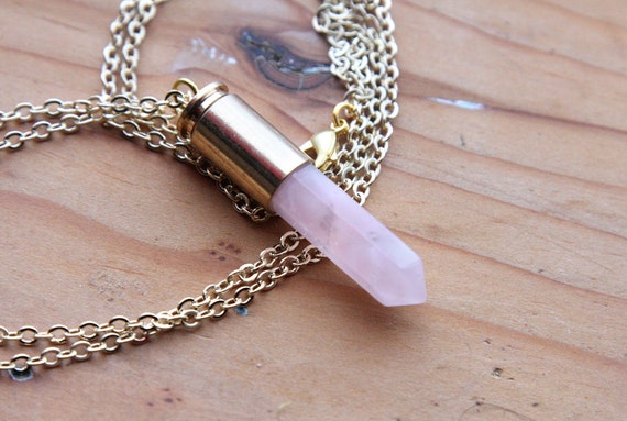 Rose Quartz Bullet Point Crystal Necklace - Gold Casing and Plated Chain, Pink Genuine Raw Crystals Natural Crystal Drop Point Points