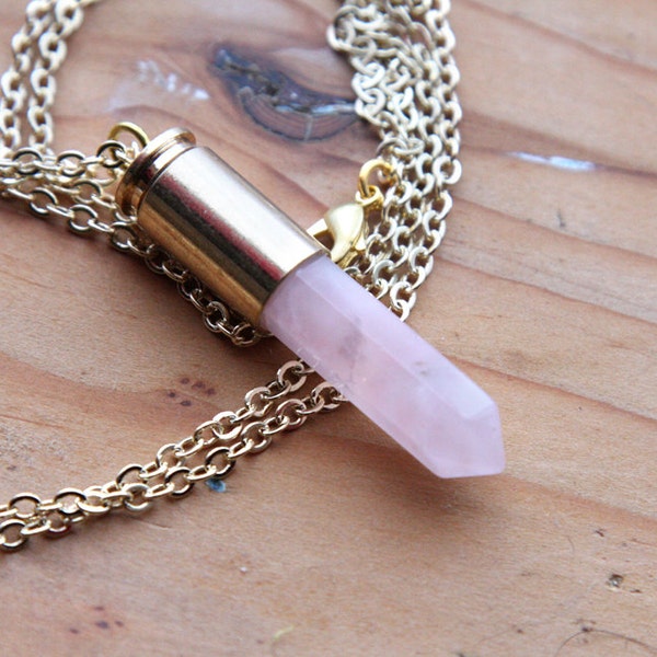 Rose Quartz Bullet Point Crystal Necklace - Gold Casing and Plated Chain, Pink Genuine Raw Crystals Natural Crystal Drop Point Points