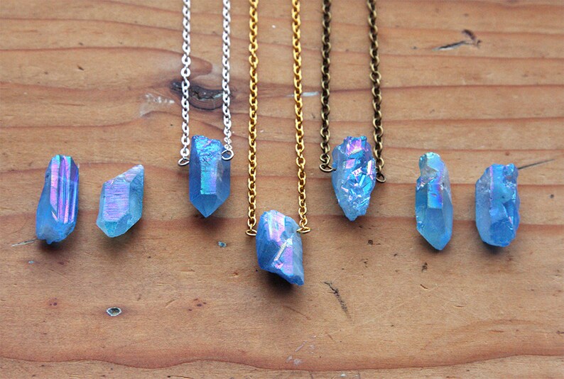 Small Blue Aura Quartz Crystal Point Necklace Raw Rough Natural Angel Aurora Gold Silver Brass Titanium Spike Druzy Points Crystals