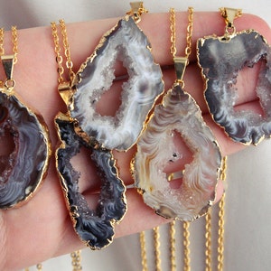 Gold Coated Agate Slice Pendant Necklaces Natural Quartz Stone Gemstone Raw Rough Druzy Crystal Small Colourful Colorful Black White Brown image 3