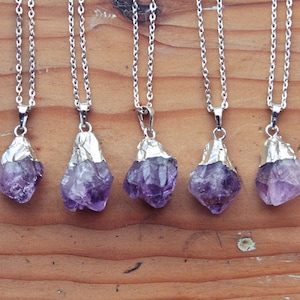 Silver Dipped Raw Amethyst Crystal Drop Necklace Rough Clear Purple ...