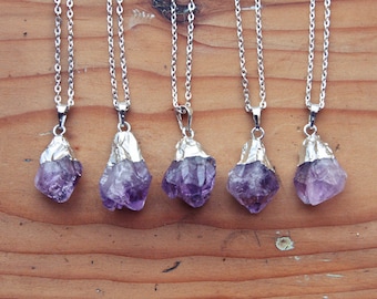 Silver Dipped Raw Amethyst Crystal Drop Necklace - Rough Clear Purple Spike Point Cluster Sterling Silver Plated Chain, Natural Layering