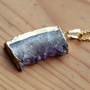 Druzy Gold Amethyst Slice Crystal Necklace Natural Raw Chunky Stone Gemstone Semi Precious Purple Pendant Gold Plated Dipped Coated Piece image 5