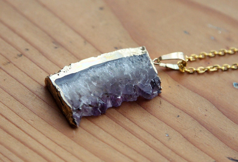 Druzy Gold Amethyst Slice Crystal Necklace Natural Raw Chunky Stone Gemstone Semi Precious Purple Pendant Gold Plated Dipped Coated Piece image 5