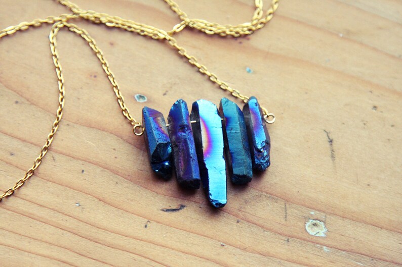 Electric Blue Raw Aura Quartz Spike Necklace Rainbow Rough Etsy