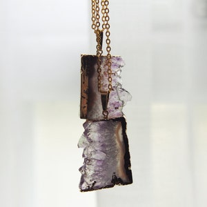 Druzy Gold Amethyst Slice Crystal Necklace Natural Raw Chunky Stone Gemstone Semi Precious Purple Pendant Gold Plated Dipped Coated Piece image 3