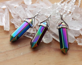 Rainbow Aura Quartz Silver / Gold Pendulum Crystal Necklace - Polished Crystals Gemstones Gem Minerals Titanium Chakra Point Points Plated