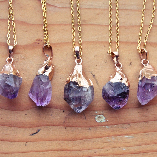 Gold Dipped Raw Amethyst Crystal Drop Necklace - Rough Clear Pastel Purple Spike Point Cluster Gold Plated Chain, Natural Layering